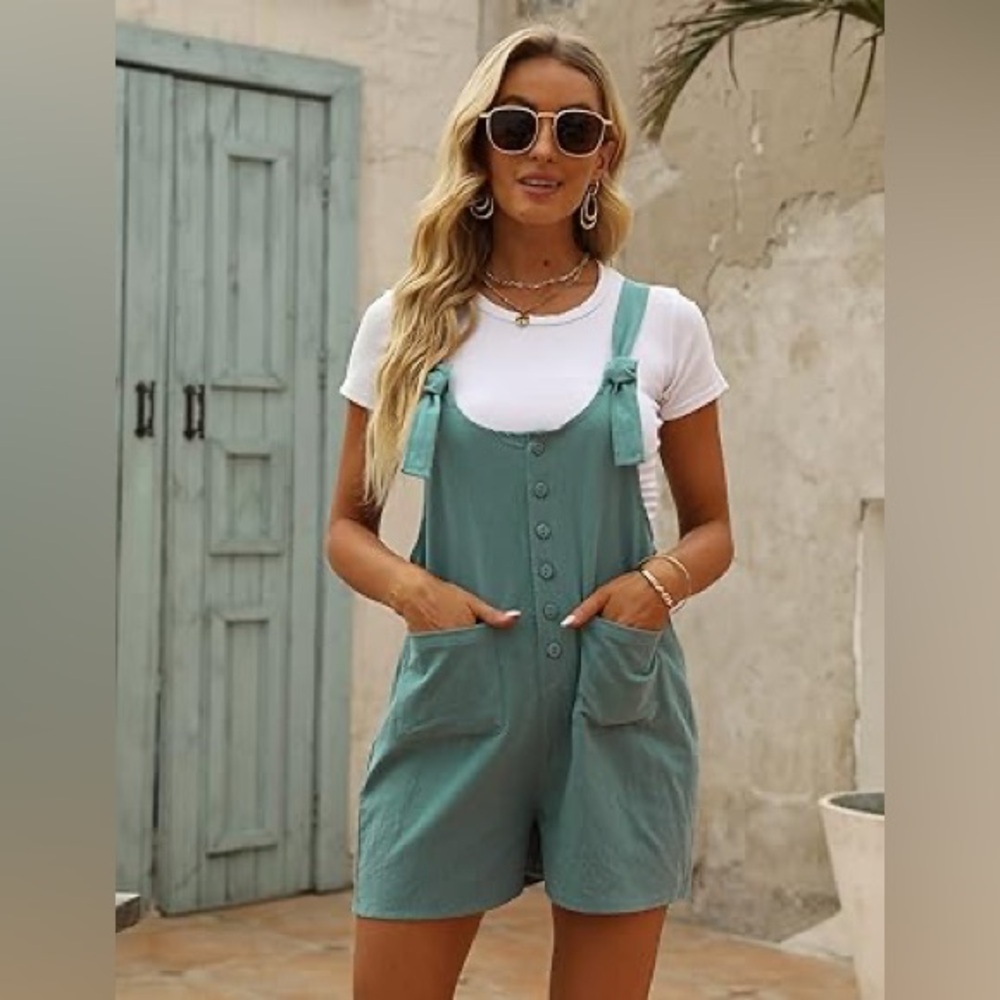 Amazon Cotton Linen Romper Overalls Teal Button-Up Overalls Shortalls Size Small